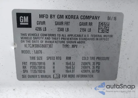 2016 Chevrolet Trax 1Ls from USA, damaged, VIN KL7CJKSB6GB687307